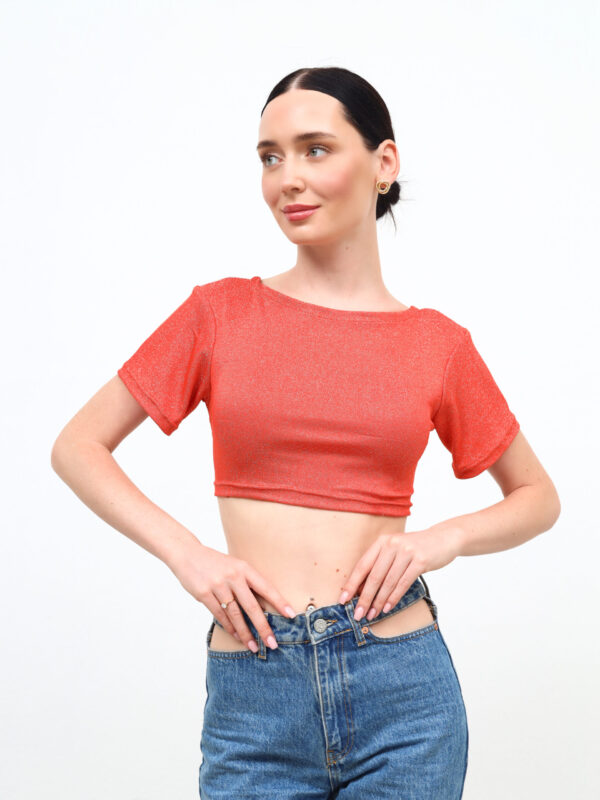 Backless Orange Glitter Crop T-Shirt