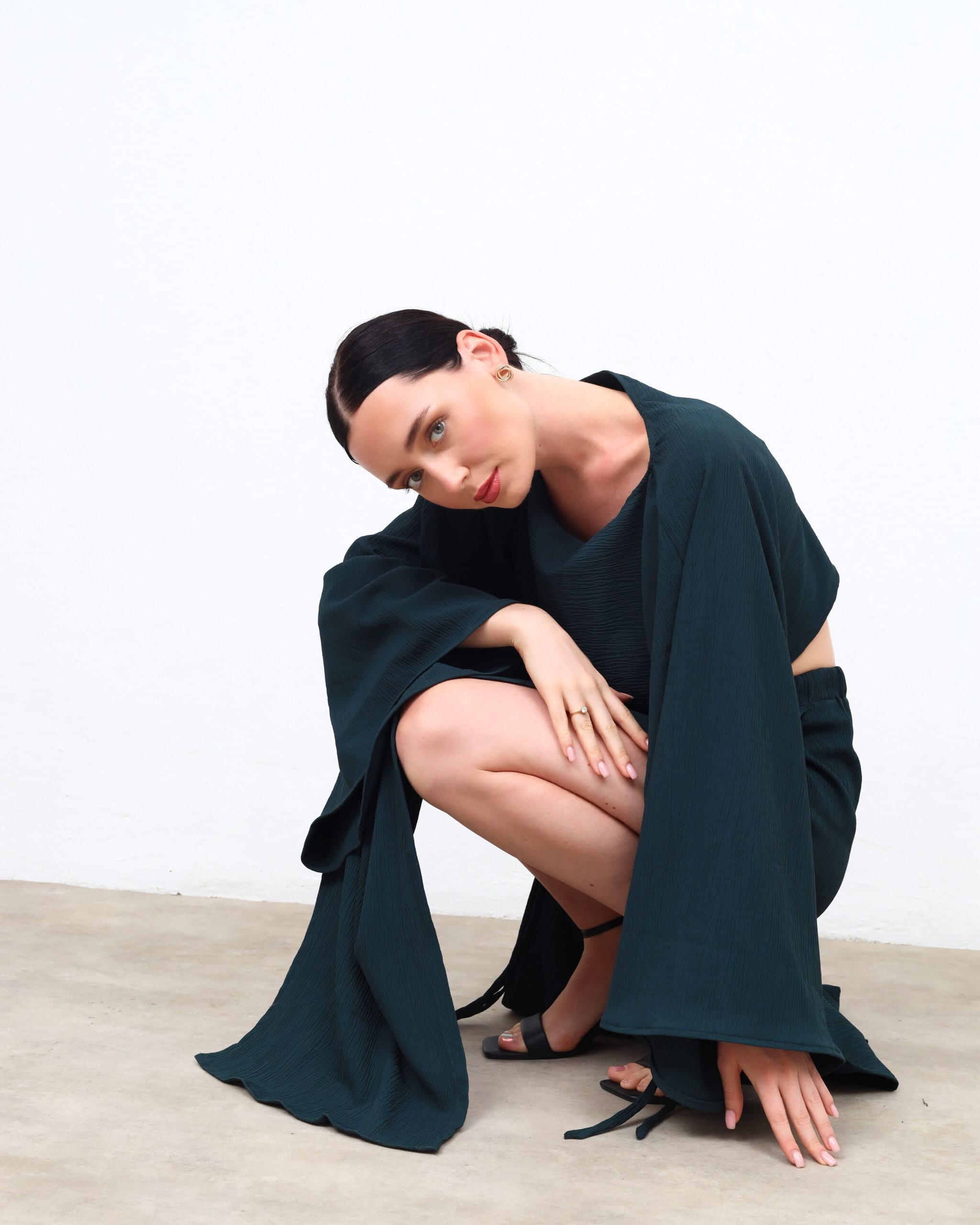 Petrol Wide-Sleeve Blouse + Skirt Set