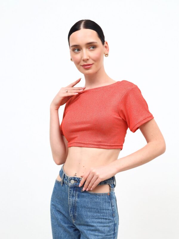 Backless Orange Glitter Crop T-Shirt