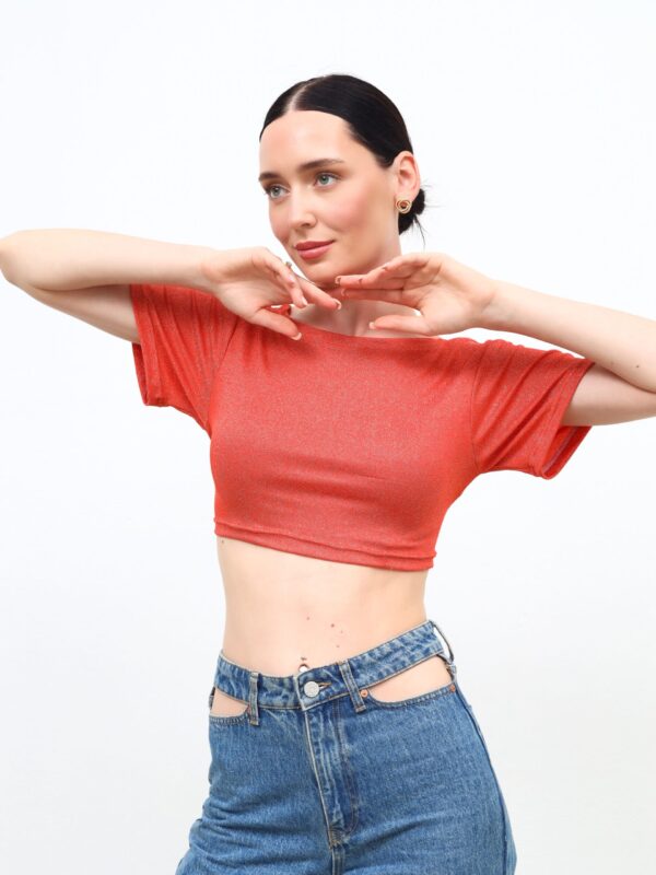Backless Orange Glitter Crop T-Shirt